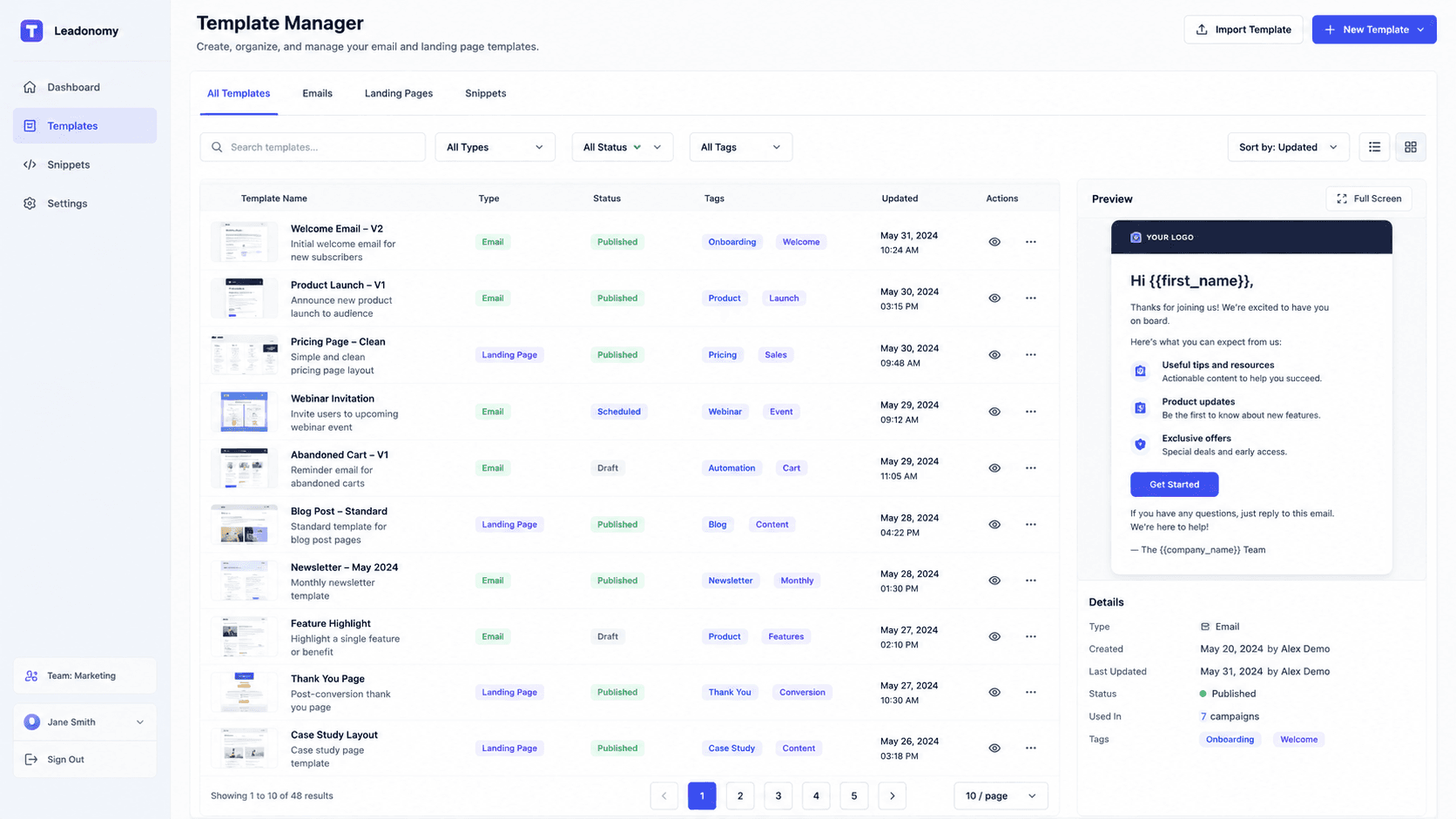 Template Manager dashboard showing reusable email and landing page templates, publishing status, tags, preview panel, and template details.